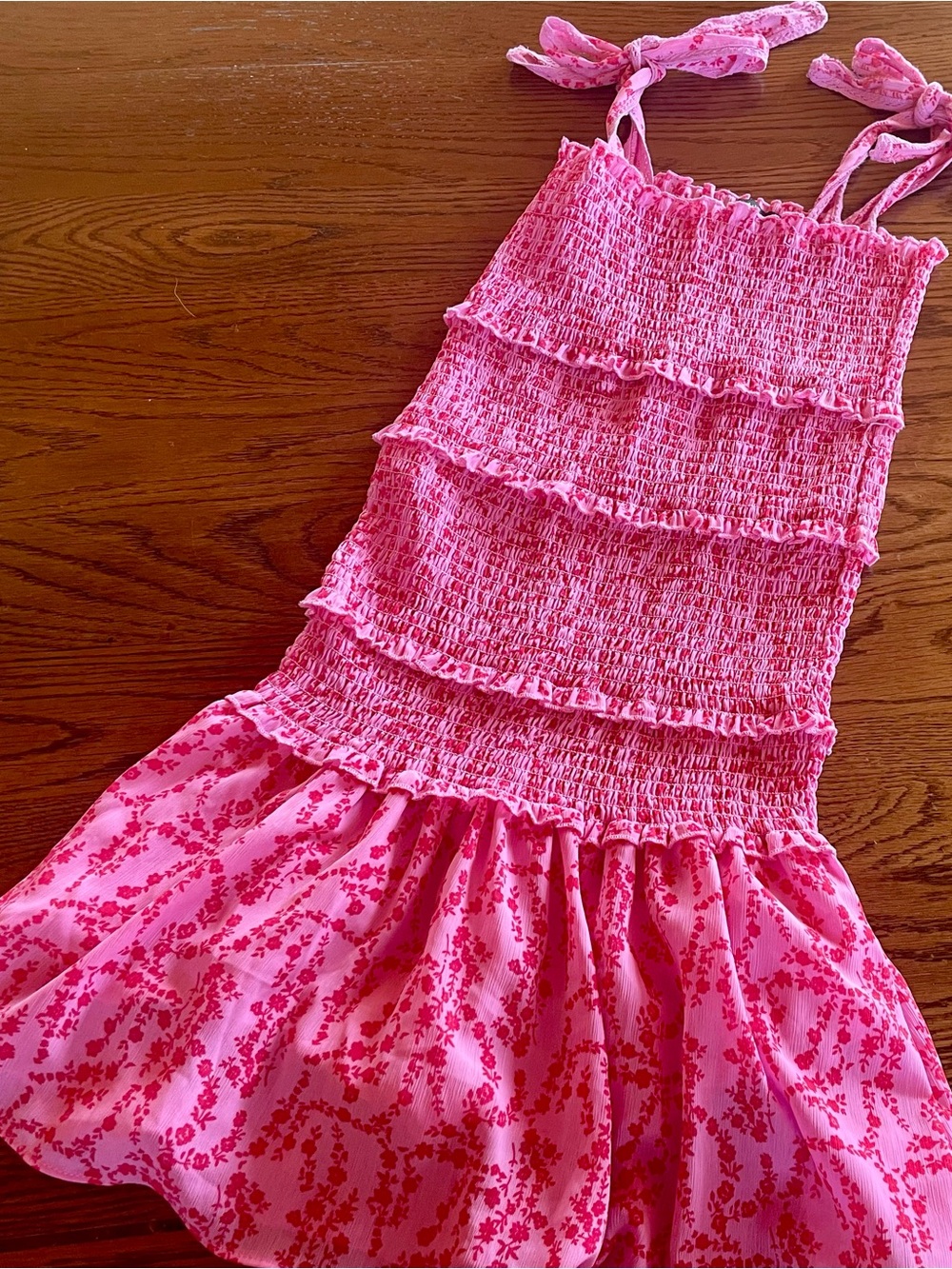 Pink Smocked Mini Dress with Floral Skirt